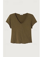 cheap Plain tee-Women's T Shirt Stylish Short Sleeve V Neck Regular Tops Casual Olive green (official brushed inner version) Grey (Official brushed inner fabric) White (official brushed inner fabric) Summer Spring