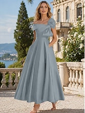 cheap Cocktail Dresses-A-Line Ankle Length Cocktail Dresses Party Dresses Elegant Silky Short Sleeve One Shoulder Wedding Formal Pink Dress Satin with Bow(s)