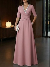 economico Abiti da Sera a Linea A-Linea ad A Lunghezza al pavimento Abito da Sera Elegante Abito da sera stile impero Mezza Manica Scollo a V Matrimonio Formale Tasca Tessuto Elasticizzato con Pieghe Cristalli Perline
