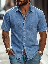 cheap Men's Smart Casual Shirts-Men Shirt Casual Shirt Button Up Shirt 100% Cotton Acid Wash Shirt Acid Wash Shirt Blue Black Pink Navy Blue Purple Short Sleeve Plain Shirt Collar Casual Daily Clothing Apparel Elegant Fashion Casual
