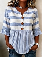 cheap Stripe&amp;Geometric Blouses-Women's Shirt Buttons Print Graphic Striped Vintage Daily Stylish Half Sleeve V Neck Regular Tops Casual Daily Blue Summer Spring