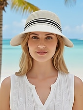 baratos Acessórios de férias-Chapéu de sol feminino de aba larga em tela respirável, dobrável, com proteção UPF e alça ajustável para viagens e férias ao ar livre. Ideal para praia e atividades ao ar livre. &amp;atividades de verão
