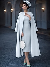 voordelige Jurkensets voor mama-Tweedelig Strak kolom Tot de knie Bruiloft gast jurk Moeder van de bruid jurk Halve mouw Met sieraad Elegant Bruiloft gast Bruiloft Kerk (83 Stretchstof Jas Jurken met Effen kleur