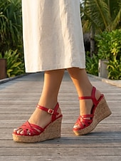 cheap Wedge Sandals-Women's Vibrant Red Wedge Sandals - Retro Cross-Strap Platform Shoes with Cork Texture Sole &amp; Adjustable Buckle for Outdoor Vacations, Tropical Cruises &amp; Summer Parties
