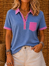  Per donna Cotone lavato 100% cotone Patchwork Tasca Bottoni Vintage Manica Corta Colletto Polo Top lunghi Blu Estate Primavera