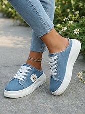 abordables Baskets femme-Mules compensées en denim bleu pour femme - chaussures à lacets à bords effilochés et semelle blanche, confortables et décontractées, idéales pour les voyages d'été et la marche. &amp;vêtements de tous
