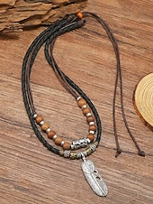 billige Ferietilbehør-Vintage fjæranhengskjede for menn med turkise perler – tribal stil lærsmykker til festivaler, reiser og hverdagsbruk