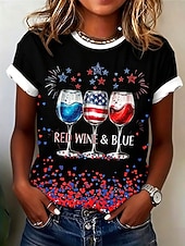  アメリカ独立記念日 女性用 Tシャツ プリント グラフィック 国旗 ヴィンテージ スタイリッシュ クラシック 半袖 クルーネック レギュラートップス カジュアル 日常 週末 ブルー ブラック ホワイト カーキ色 夏 春