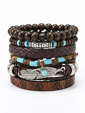 preiswerte Herrenschmuck-6-teiliges Boho-Armbandset für Herren aus Leder – Vintage-Holzperlen &amp;Armbänder mit Federanhänger aus Silberlegierung, stapelbar, für sommerlichen Strandurlaub und lässige Alltagskleidung