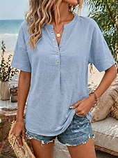 baratos Blusas Simples-Women's Shirt Casual Shirt Vacation Vintage Fashion Short Sleeve V Neck Crop Tops Casual Khaki Black White Yellow Pink Summer Spring