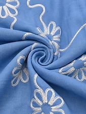  Robe brodée pour femme, robe midi à fleurs, robe d'été, basique classique pour tous les jours, vacances, coupe classique, manches courtes, col en V, bleu et blanc, été, printemps