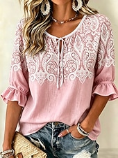 voordelige Kunst en Ontwerp Blouses-Dames Blouse Afdrukken Ombre Grafisch Paisley Vintage Dagelijks Stijlvol Halve mouw Stropdas nek Normale tops Casual Dagelijks blauw Khaki Blozend Roze Zomer Lente