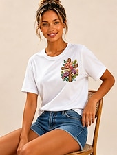  Per donna 100% cotone T-shirt ricamata Floreale Grafico Classico Casual Manica Corta Girocollo Top Regolari Casuale Quotidiano Weekend Nero Bianco Rosa Estate Primavera