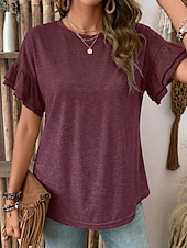 preiswerte Einfarbiges T-Shirt-Damen Sommeroberteile Rüsche Einfach Stilvoll Klassisch Kurzarm Rundhalsausschnitt Rundhals Lange Oberteile Lässig Täglich Ausgehen Schwarz Weiß Wein Grün Sommer Frühling