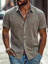 cheap Men's Smart Casual Shirts-Men Shirt Casual Shirt Button Up Shirt 100% Cotton Acid Wash Shirt Acid Wash Shirt Blue Black Pink Navy Blue Purple Short Sleeve Plain Shirt Collar Casual Daily Clothing Apparel Elegant Fashion Casual