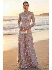 voordelige Vloerlengte-A-lijn Jurken Tot de grond Feestjurk Cocktail jurk Moeder van de bruid jurk Lange mouw Strakke ronde hals Elegant Vintage Luxueus Formeel Bruiloft gast Kentucky Derby Chiffon Tule met Borduurwerk