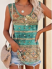 preiswerte Grafiktank-Damen Hemd Bluse Knöpfe Druck Grafik Geometrisch Bohemien Vintage Ethnisch Ärmellos U-Ausschnitt Lange Oberteile Lässig Täglich Grün Sommer Frühling