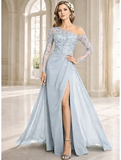 abordables Largo del piso-Funda Columna Vestidos Hasta el Suelo Vestido Invitada Boda Vestido formal Vestido de noche Vestido de Madrina Manga Larga Un Hombro Elegante Formal Gasa con Encaje Un Color