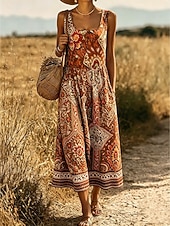 abordables Robe Boho-Femmes Robe Midi Robe d'Été Robe trapèze Robe à épaules dénudées Vacances Occasionnel Boho Plage Date Coupe régulière Graphique Paisley Tribal Sans manches Col en U Bleu Chameau Orange Vert Ét