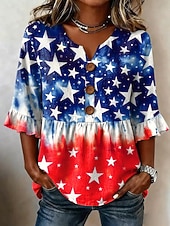  día de la independencia americana Mujer Blusa Retazos Botones Estampado Graphic Bandera estadounidense Vintage Elegante Media Manga Escote en Pico Tops regulares Casual Diario Fin de semana Azul
