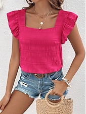 cheap Plain Blouses-Women's Blouse Solid Color Vintage Stylish Casual Short Sleeve Square Neck Regular Tops Casual Daily Blue White Pink Red Purple Summer Spring