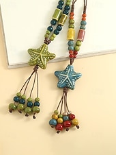 tanie Naszyjnik damski-Naszyjnik z wisiorkiem w kształcie gwiazdy w stylu boho dla kobiet, ręcznie robione kolorowe ceramiczne koraliki, regulowana biżuteria na długim łańcuszku na ogrodowe przyjęcie, wakacje na plaży,