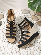 cheap Wedge Sandals-Women's Black Gladiator Wedge Sandals - Elegant Multi-Strap Platform Heels with Woven Texture for Outdoor Resort Vacations, Summer Music Festivals &amp; Tropical Night Outs