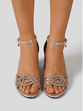 baratos Sandálias de salto-Women's Metallic Champagne Gold Braided Block Heel Sandals with Rhinestone Charm - Shimmering Footwear for Cocktail Parties