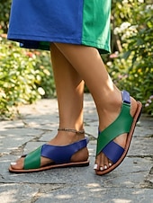 abordables Sandales Plates-Chaussures plates à bout ouvert, style bohème, color block, en PU, fermeture velcro, noir/blanc, vert/bleu, jaune