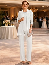abordables Costumes-pantalons pour maman-Ensemble pantalon robe mère de la mariée longueur de cheville manches ¾ col ras du cou élégante vintage formelle invité au mariage avec couleur unie