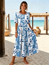 cheap Floral Dress-Women's Midi Dress Sundress Casual Dress A Line Dress Elegant Vacation Stylish Beach Holiday Regular Fit Floral Graphic Half Sleeve V Neck Blue Purple Green Khaki Summer Spring