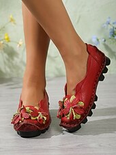abordables Ballerines femme-Ballerines confortables en cuir de vachette rouge premium pour femme - légères et confortables toute la journée, ornées d'appliqués floraux faits main, avec semelle antidérapante, idéales pour la