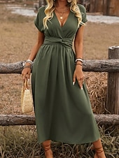 economico Vestito bianco-Per donna Abito Midi Abito a trapezio Abito Estivo Casual Quotidiano Vestibilità regolare Semplice Manica Corta Scollo a V Nero Rosso Marrone chiaro Verde scuro Estate Primavera