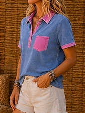  Per donna Cotone lavato 100% cotone Patchwork Tasca Bottoni Vintage Manica Corta Colletto Polo Top lunghi Blu Estate Primavera