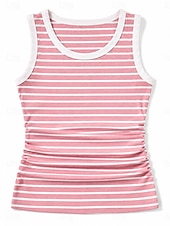 cheap Tank Tops &amp; Camis-Women's Vintage Striped Rib-knit Round Neck Ruched Sleeveless Tank Top Black Pink Summer Spring