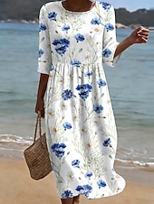 baratos Vestido branco-Mulheres Vestido midi Vestidos Para o Verão Vestido de verão Férias Casual Boho Feriado Normal Floral Gráfico Meia Manga Gola Redonda Branco Verde Claro Azul Céu Verão Primavera