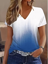 abordables Camiseta de Arte &amp; Diseño-Mujer Camiseta Estampado Ombre Geométrico Degradado Elegante Clásico Casual Manga Corta Escote en Pico Tops regulares Casual Diario Azul Piscina Rosa Naranja Rosa Brillante Verano Primavera