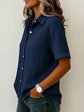 billiga Skjortor-Dam 100% Bomuld Button Down skjorta Casual skjorta Ensfärgat Slät Klassisk Kortärmad Vanliga toppar Ledigt Vit Marinblå Smaragdgrön Purpur Orange Sommar