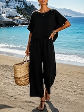 economico Imposta-Set da donna in cotone e lino, due pezzi, colore puro, caldo, casual, comodo, per la casa, quotidiano, primavera, autunno