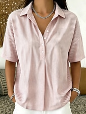 baratos Blusas listradas e geométricas-Mulheres Camisa Social Botões Imprimir Gráfico Geométrica Listrado Vintage Diário à moda Manga Curta Aberto para a Lateral Tops longos Casual Diário Feriado Azul Rosa Cinzento Verão Primavera