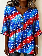  Jour de l'Indépendance Américaine Femmes Chemise Graphique USA Drapeau Américain ancien Élégant manche longue Col en V Hauts Longs Occasionnel Quotidien Fête Bleu Blanche Rouge Rouge / Bleu Ét