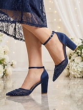 cheap Mother of Bride/Groom-Women's Elegant Navy Blue Satin Block Heel Pumps with Sheer Floral Embellished Mesh for Mother of the Bride