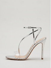 cheap Heeled Sandals-Women's Silver Strappy High Heel Sandals - Elegant Clear Band Heels for Cocktail Parties and Evening Events