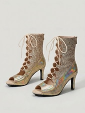 baratos Sapatos de Dança Latina-Botas de dança latina femininas vermelhas com glitter – sapatos de salto alto com cadarço e bico aberto para salsa e dança de salão. &amp;dança de tango