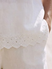 cheap Plain tee-Women's Tee Top Lace Trims Solid Color Elegant Stylish Ethnic Short Sleeve Crew Neck Regular Tops Casual Daily Going out White Summer Spring