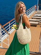 economico Borse da viaggio per vacanze-Borsa a tracolla da donna in stile bohémien intrecciata, colore beige kaki, capiente, con cerniera, ideale per vacanze al mare, viaggi e abbigliamento casual quotidiano.