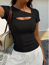 economico T-shirt semplice-Per donna Maglietta Patchwork Taglio A coste Elegante Moda Manica Corta Asimmetrico Top Regolari Casuale Quotidiano Uscire Blu Nero Bianco Blu marino Marrone Estate Primavera