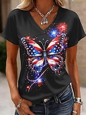  American Independence Day Women's T Shirt Print Graphic Letter American Flag Vintage Stylish Classic Short Sleeve V Neck Regular Tops Casual Daily Black White Red Summer Spring