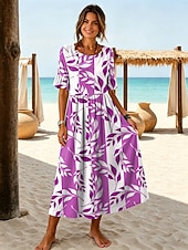 cheap Floral Dress-Women's Midi Dress Sundress Casual Dress A Line Dress Elegant Vacation Stylish Beach Holiday Regular Fit Floral Graphic Half Sleeve V Neck Blue Purple Green Khaki Summer Spring