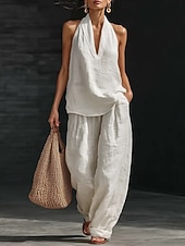  Damen Leinenartiges Set Baumwoll-Leinen-Sets Hosen-Sets Ärmellos V Ausschnitt Einfarbig Mode Streetwear Lässig Täglich Outdoor Schwarz Weiß Grün Sommer Normale Passform